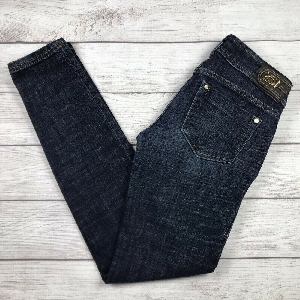 BEBE Women's Blue Double Button Skinny Stretch Straight Leg Jeans Size 28